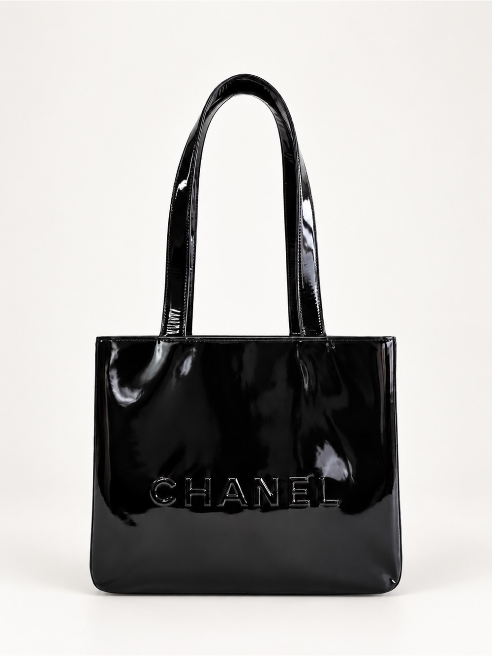 CHANEL Black Patent Leather Embossed Logo Tote
